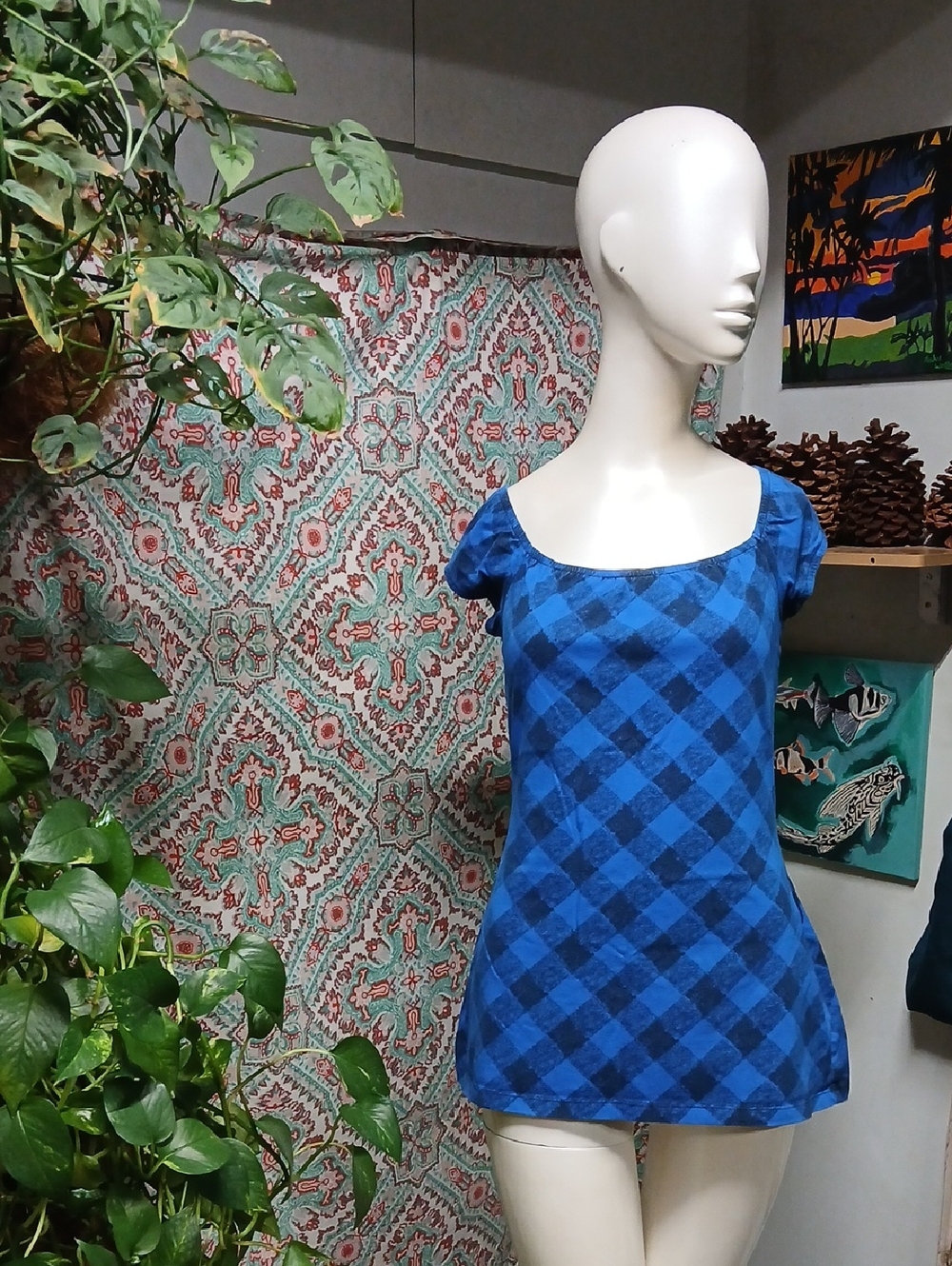 Almost Famous Blue & Black Checkered Off Shoulder Top, Size L